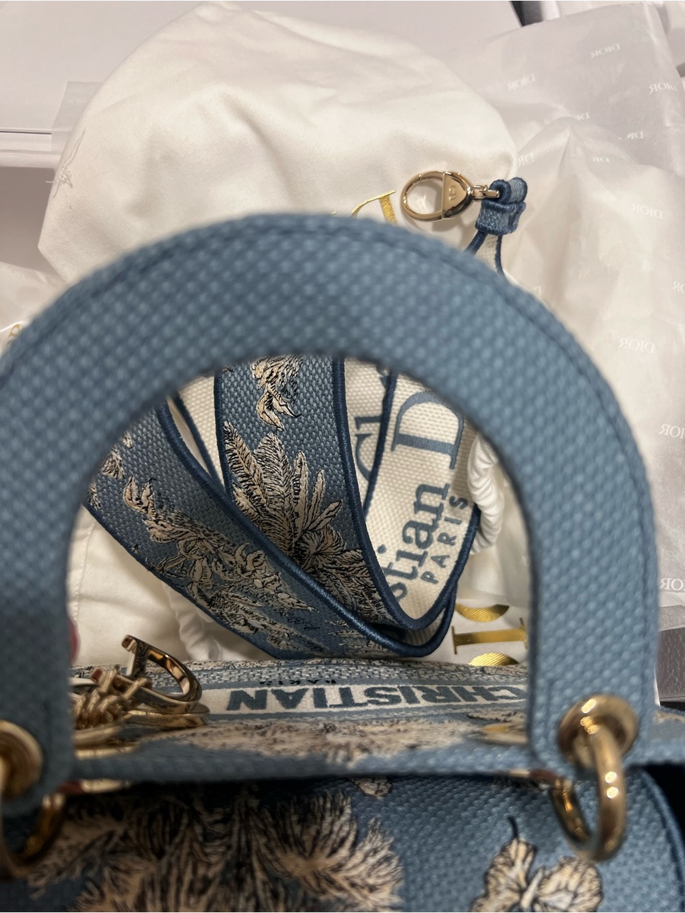 Dior Blue Lady Dior Mini Tote with Toile de Jouy Embroidery - Picture 7 of 16
